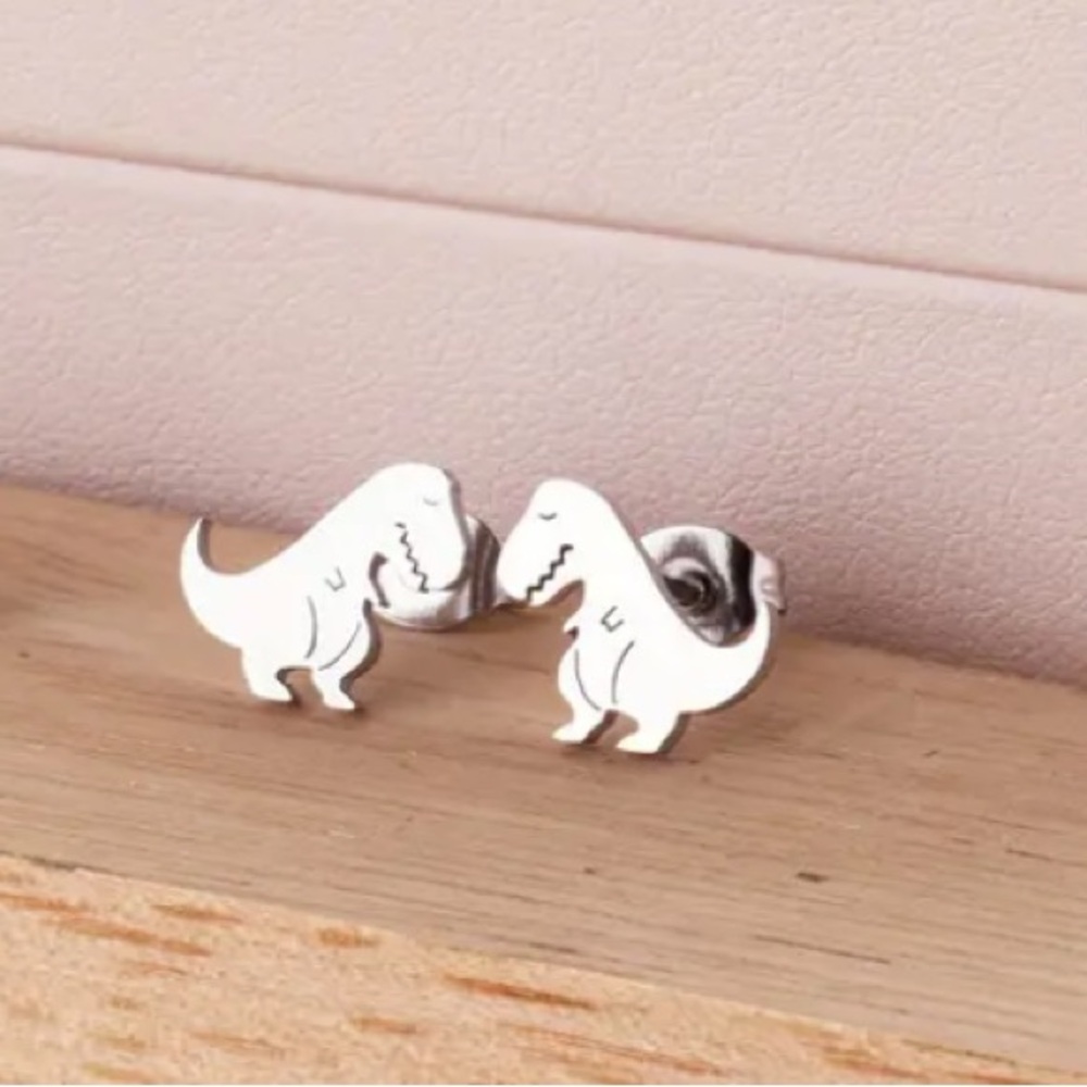 NEW Dainty Dinosaur stud Earrings Stainless Steel Silver color T Rex - Boutique